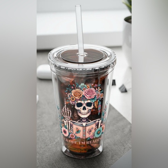 Floral Skull Design “F*ck Off I’m Reading” Tumbler with Straw - Picture 4 of 4